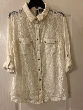 new directions Ivory Floral Lace Button-Front Shirt
